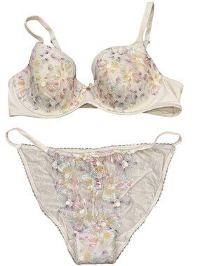 Victoria's Secret 36C L/G Floral Embroidered Bra & Bikini Set White Multicolor